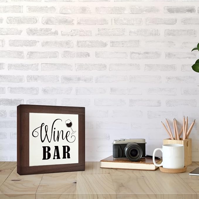 Wine Bar Signs, Box Sign Wood Desk Sign Decors, Wine Bar Decor Set, Decorative Wooden Table Top Decoration, Farmhouse Home Decor for Shelf, Country Style Home Bar Decoration, Coffee Signs D