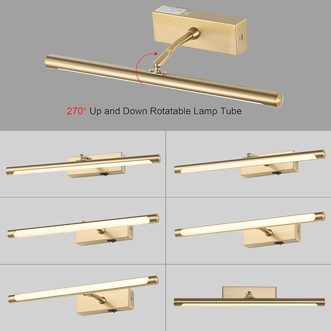 Picture Light for Wall Battery Operated, 24" Rechargeable Art Light with Remote and Timer for Painting, 9000mAh Wireless Wall Light for Display, Artwork, Portrait, Gallery, Gold