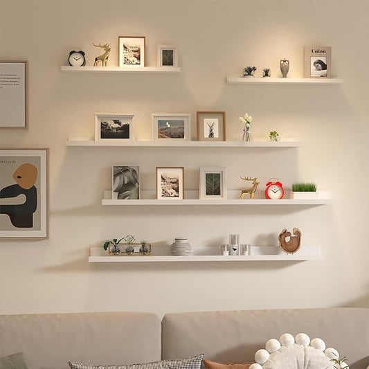 Giftgarden 47 Inch Long Floating Shelves for Wall Set of 5, White Wood Wall Shelves for Bathroom, Bedroom, Kitchen, Living Room Storage and Decoration, Wooden Picture Ledge