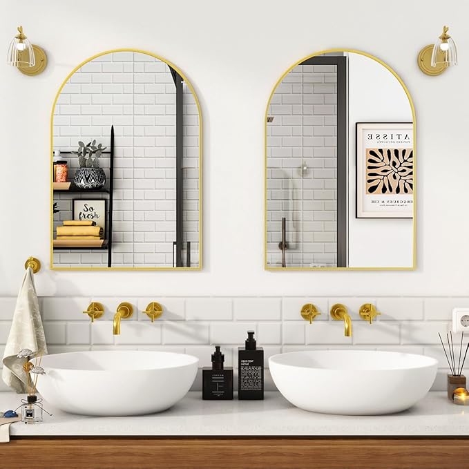 VooBang Arched Wall Mirror, 16 x 24 inch Arch Bathroom Mirror, Wall Mounted Vanity Mirror with Arch Metal Frame, Modern Bathroom Vanity Mirror for Bedroom, Living Room, Hanging or Leaning, Gold