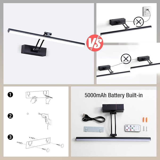 Wireless Picture Light, 16 inches, Battery Operated, Dimmable Black Metal LED Art Light for Wall Sconce