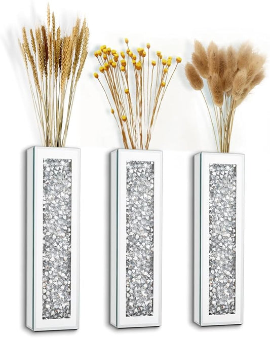 Silver wall Decor Mirrored Vase Set of 3,Crystal Crush Diamond Flower Vase,Stunning Decorative Glass Hanging Planter & Container for Home Wall Decor.Befit for Faux Plants.Can't Hold Water.