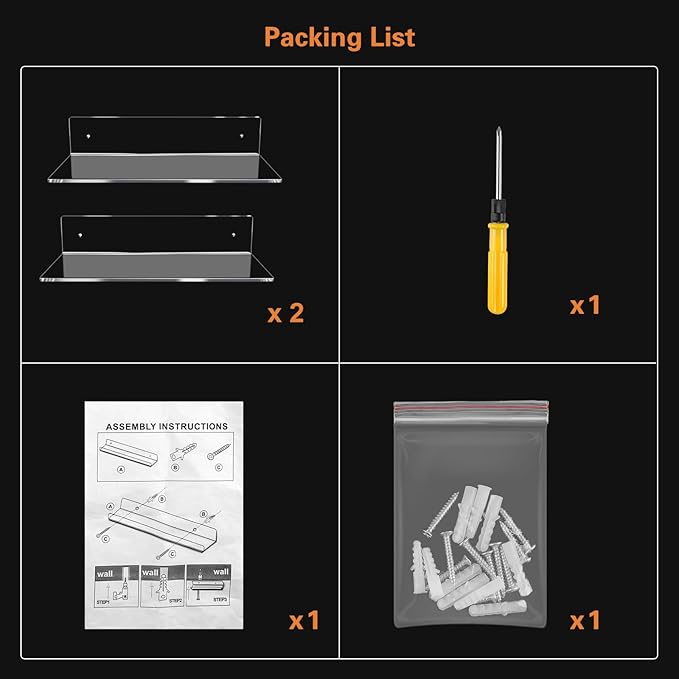12 Inch L-Shaped Acrylic Floating Shelf Wall Mounted Shelves Invisible 5MM Thick Shelf for Wall Storage Clear Shelves for Makeup Photo Picture Book Record Display 2 Pack