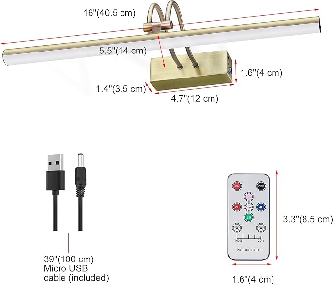 Picture Light, Picture Lights for Wall Cordless,16" Picture Lights with Timer and Dimmable,Battery Wall Lights for Display Gallery Painting Art Frame Portrait-AB