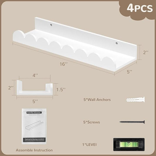 Fun Memories 16 Inch White Picture Ledge Shelf, Scalloped Nursery Book Shelves for Wall, Set of 4, Kids Room, Toddler Room Floating Shelves