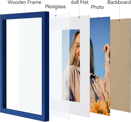 Vittanly 8.5x11 Picture Frames Set of 4, Display Pictures 6x8 with Mat or 8.5x11 without Mat, Gallery Wall Frame Set for Wall Mounting, Engineered Wood with Shatter Resistant Plexiglass, Royal Blue