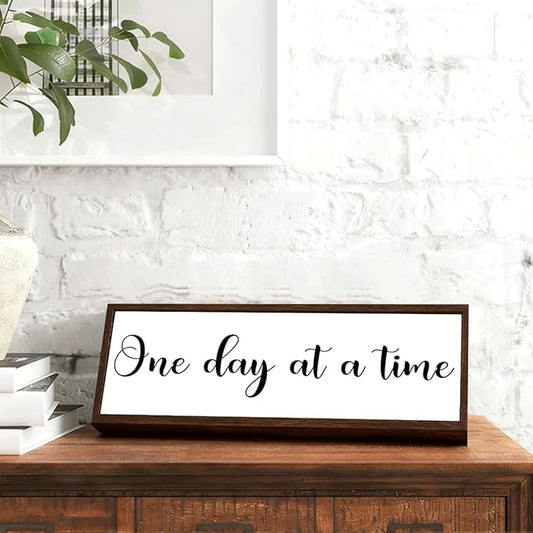 One Day At A Time Sign, Inspirational Wood Decor, Farmhouse Wood Block Sign Desk Decor, Tabletop Decorations for Home Office Cubicle Shelves, Aesthetic Wooden Wall Plaque
