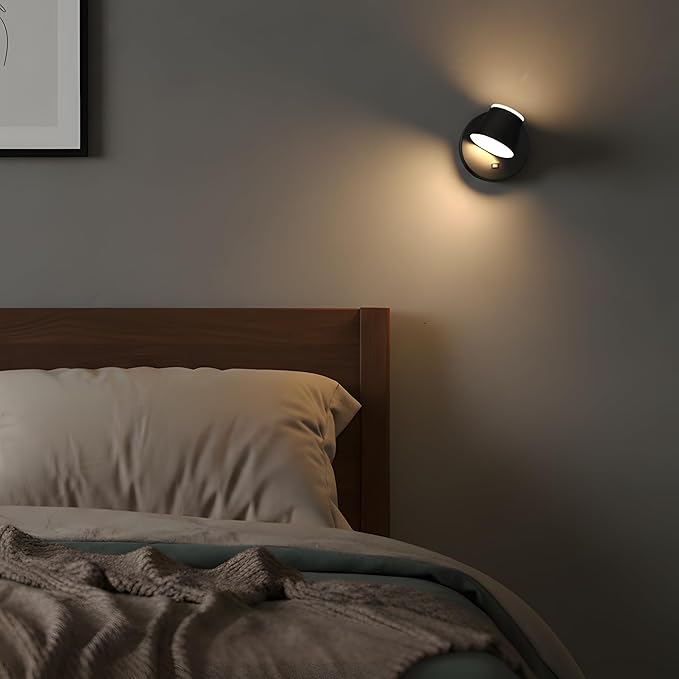 URSOLA Battery Operated Wall Lights Set of Two, LED Rechargeable Battery Wall Sconce with 9000mAh 3CCT and Dimmable Magnetic 360° Rotation Cordless Light for Bedroom(Black)