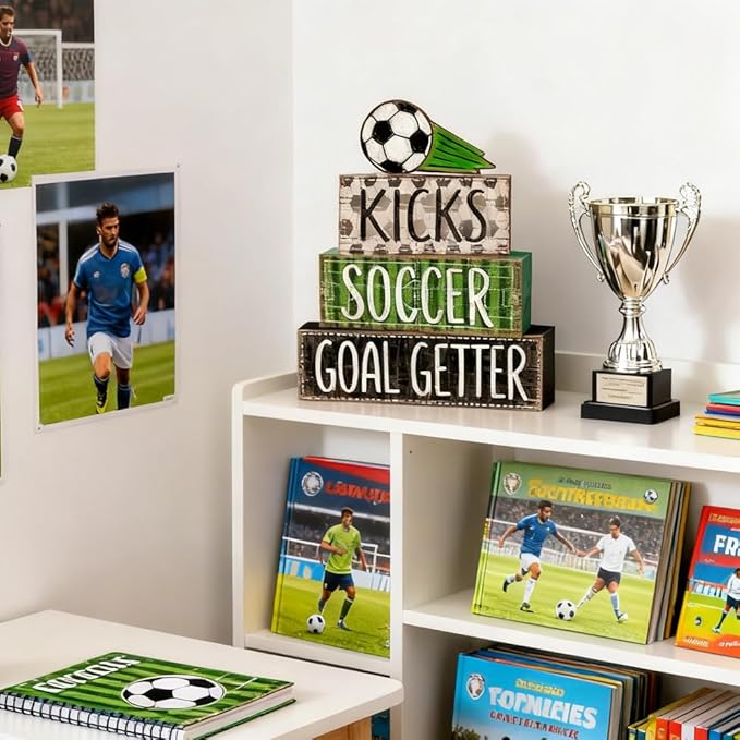 DIYDEC 4Pcs Soccer Tabletop Decorations Ball Wooden Block Signs Gift Rustic Football Tiered Tray Decor Soccer Goal Centerpiece World Cup Table Sign for Home Office Tabletop Fireplace Party Decor