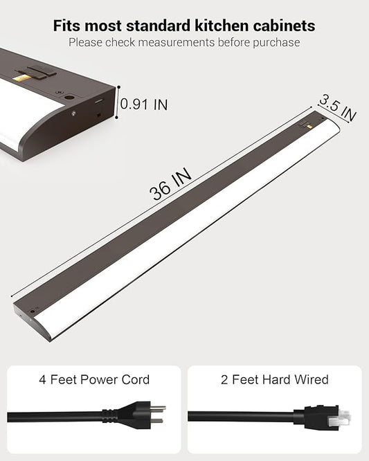 36 Inch LED Under Cabinet Light, Plug in Kitchen Lighting, 3CCT Selectable (3000K/4000K/5000K), CRI94 High Color Accuracy, Linkable, Slim Design Dimmable, Brown