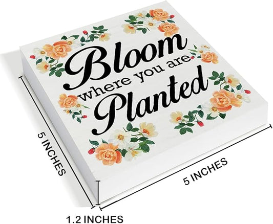Spring Decor - Spring Decorations for Home - Bloom Where You Are Planted Wood Sign Home Desk Table Shelf Tabletop Decor 5×5 Inches
