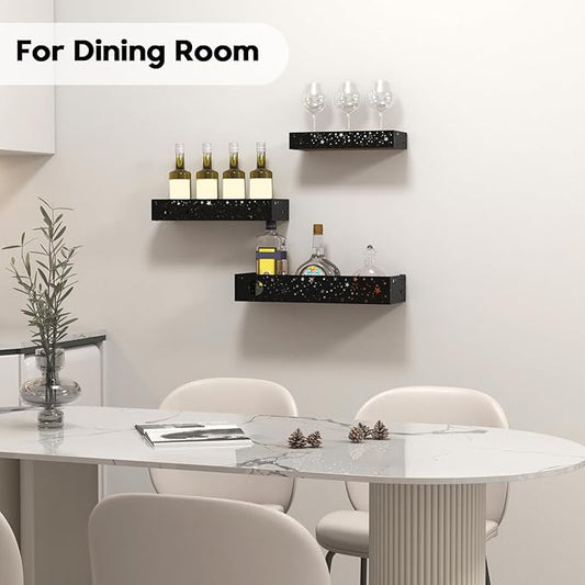 Moon and Stars Wall Shelves Black, Set of 3 Small Floating Shelves for Bedroom Living Room Wall Storage or Decor, Brown Board