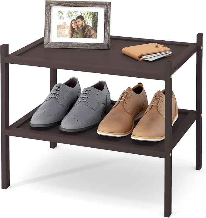 Smiry Bamboo Small Shoe Rack, 2 Tier Shoe Organizer for Entryway & Closet, Stackable Free Standing Storage Shelf for Shoes, Bags & Plants, Brown