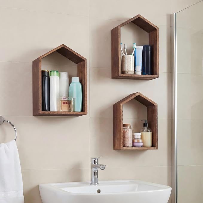 3 Set Wall Shelf 9.8 x 7.1 Inch Wooden Hanging Shelf Deep Display Storage Shelves Floating Shelves for Home Office Room Mini Figures Potted Plants Wall Decor(House,Brown)