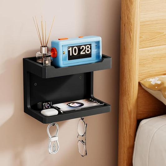 NiHome Large Wall Mounted Wooden Bedside Organizer, Double Storage Shelves & Magnetic Hooks, Solid Wood Bedside Shelf for Phone Glasses Remote Keys, Space-Saving Wall Rack for Bedroom RV Dorm (Black)