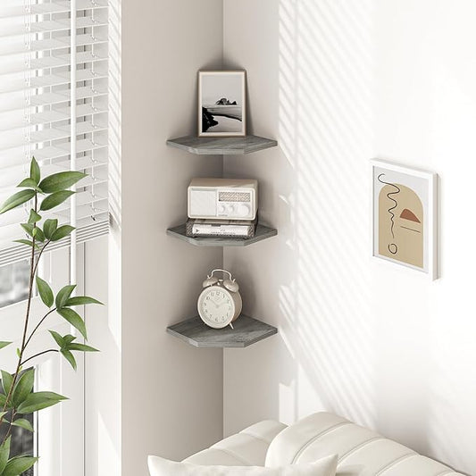 Fun Memories Corner Shelf Wall Mount, Floating Corner Shelves, Set of 3 Corner Wall Shelf Organizer, Rustic Wood Wall Storage Display Shelves for Living Room Bedroom Bathroom Kitchen, Rustic Grey