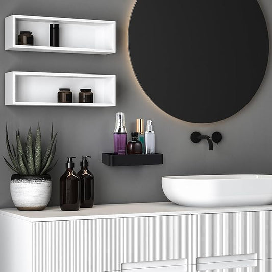Z metnal Small Glass Bathroom Shelves, Matte Black Floating Shelf, Mini Wall Shelf Organizer, Wall Mounted (Dark Glass, 8 inch/20cm)
