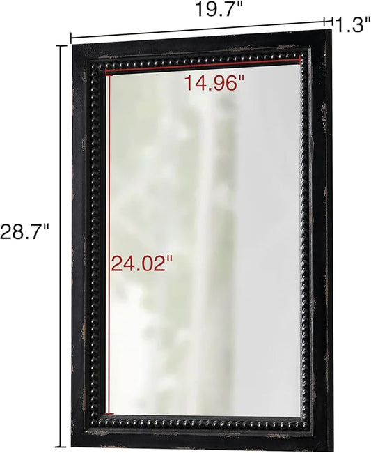 Rustic Black Mirror with Beaded Detailing 29 X 20 Inch, Wall Hanging Distressed Wood Frame Rectangular Gothic Wall-Mounted Mirrors for Living Room Bathroom Entryway, Horizontal or Vertical