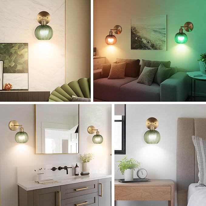 Vintage Wall Sconce Set of Two, Battery Operated Wall Sconce with Deep Green Tulip Glass Lampshade Rechargeable Wall Light with Remote Control for Bedroom,Living Room