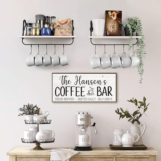 Olakee Floating Wall Shelves for Kitchen Bathroom Coffee Nook with 10 Adjustable Hooks for Mugs Cooking Utensils or Towel Rustic Storage Shelves Set of 2/17x5.9 inch (White)