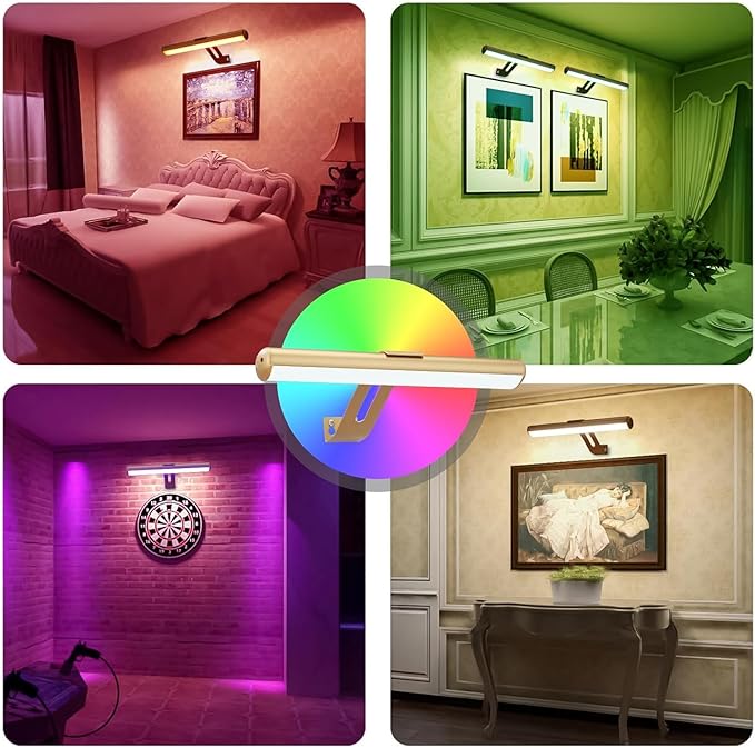 Picture Light Battery Operated, Picture Lights for Wall, Wireless Picture Light with Remote for Paintings, 48 LED, 16 Color Changing, Dartboard Light with 2 Base for Art, Gold-2Pack