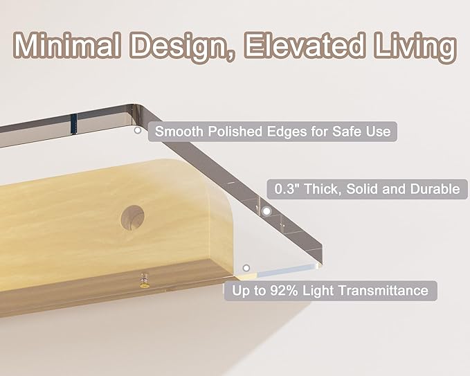Small Acrylic Floating Shelf for Wall, Clear Acrylic Wall Shelf with Solid Wood Base, Thick Minimalist Display Shelf for Bathroom, Bedroom,Plants, Perfume, Nail Polish,Living Room & Decor