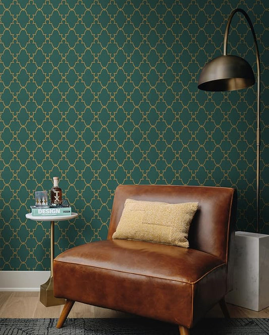 Timeet Modern Wallpaper Peel and Stick Geometric Gold and Green Contact Paper 17.7"x393.7" Removable Self Adhesive Wallpaper for Bedroom Living Room Wall Decor Vinyl