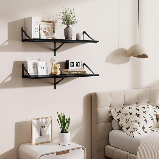 Floating Shelf for Wall,32" WX10 D Wood Floating Shelves with Sturdy Metal Bracket Set of 2,Wall Mounted Hanging Shelf for Bathroom,Bedroom,Kitchen,Black