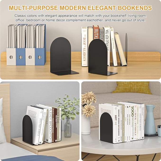 Bookends 4 Pairs, Metal Round Bookends for Shelves, Book Ends for Desk, Book End to Hold Books, Book Stopper, Black Bookend for Home Office