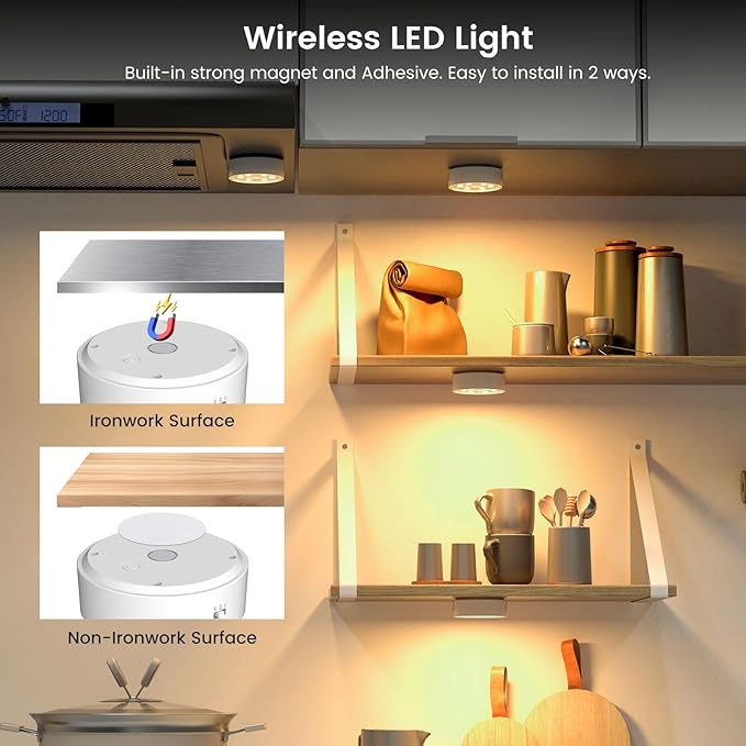 Onumii Rechargeable Under Cabinet Lighting Puck Lights with 2.4G Remote 2600mAh Sync and Groupable Color Changing Magnetic Stick on Tap Lights for Cabinet, Shelves, Display Case (6Pack White)