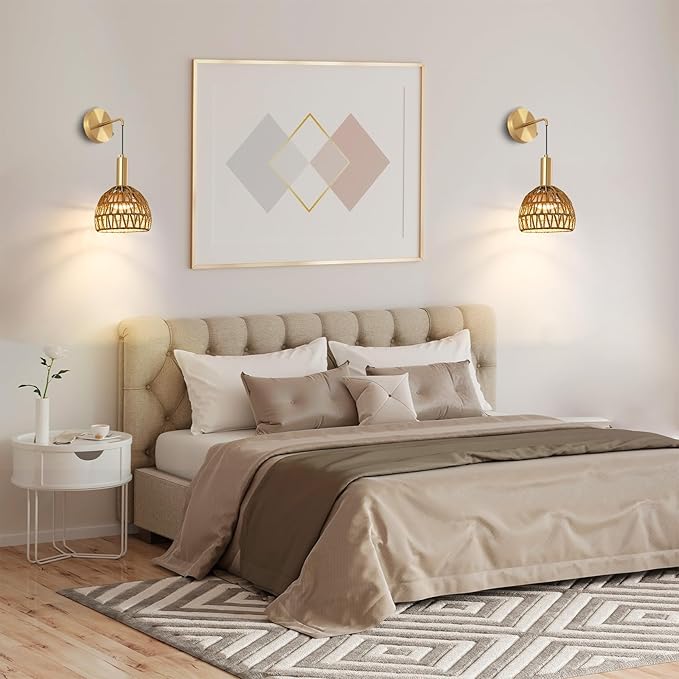 Boho Battery Operated Wall Sconce, Wireless Sconces Set of 2 with Remote, Rattan Upgrade Rechargeable Wall Sconces Set of Two for Bedroom, Living Room, Entryway, 3 Colors Dimmable (Gold)