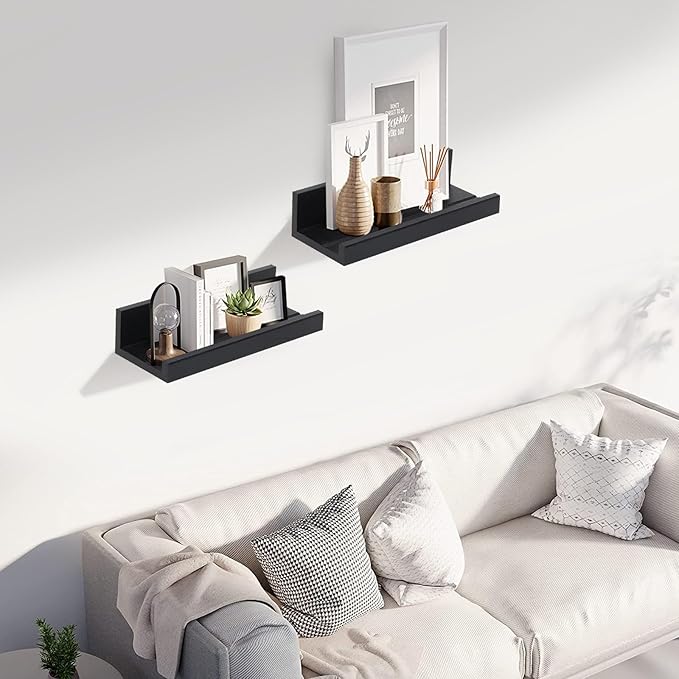 Muzilife 12" Small Floating Wall Ledge Shelves with Lip - Set of 2 Wood Floating Shelves - Black Wall Mounted Picture Ledge for Office, Bathroom, Bedroom, Living Room, Kitchen