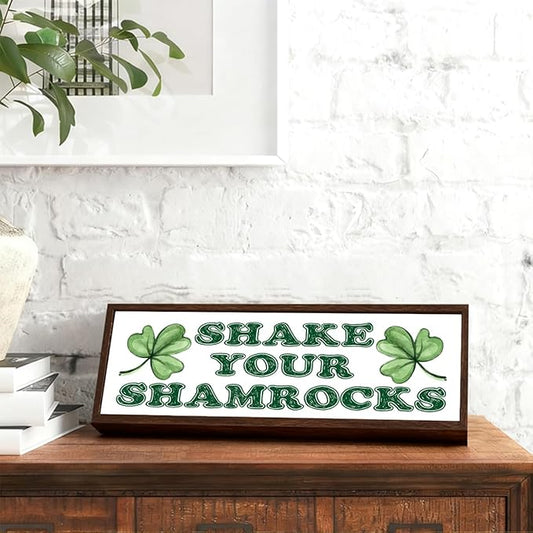 Shamrocks Decor, Shake Your Shamrocks Sign, Farmhouse Wooden Box Sign, Desk Decor Art, St Patricks Day Decoration for Home Office Coffee Bar, Irish Gift for Women Men, 9.5x3.1x1 inches