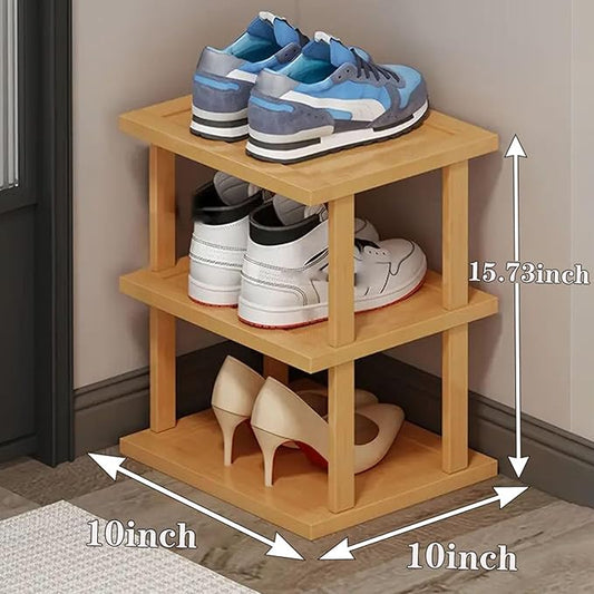 SAN HE Bamboo Shoe Rack 3Tier- Vertical Shoe Rack for Small Spaces, Tall Narrow Shoe Rack Organizer for Closet Entryway Corner Garage and Bedroom,Skinny Shoe Shelf with Free Stackable DIY