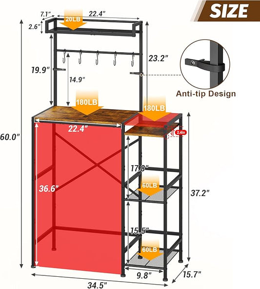Mini Fridge Stand with Storage Shelves, Kitchen Bakers Rack, Coffee Bar, Microwave Oven Stand, Wine Cabinet, Refrigerator Stand with 5 Lockable S Hooks for Dorm, Apartment, Living Room, Office