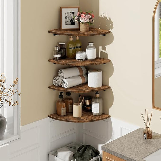 Homode Corner Wall Shelf, 12 Inch Wide Round Corner Floating Shelves with Cord Hole, Set of 4 Wooden Hanging Storage Shelving for Bathroom Living Room Small Spaces, Rustic Brown