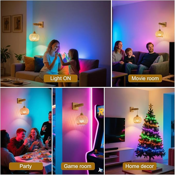 Bamboo Battery Operated Wall Sconces Set of 2, Rechargeable Rattan Cordless Battery Powered Wall Lights/Lamps with Remote, Woven Boho Wireless Decor Lighting Fixture for Living Room Bedroom