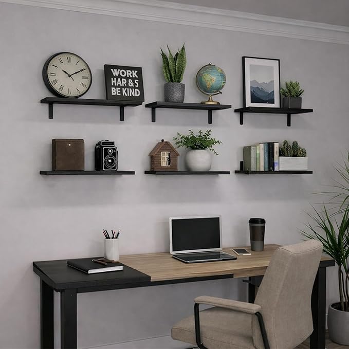 Floating Shelves Set of 6, Wooden Floating Shelves for Wall Decor, Farmhouse Shelf for Bedroom, Wall Mounted Bathroom Storage Shelves, Floating Book Shelves for Living Room
