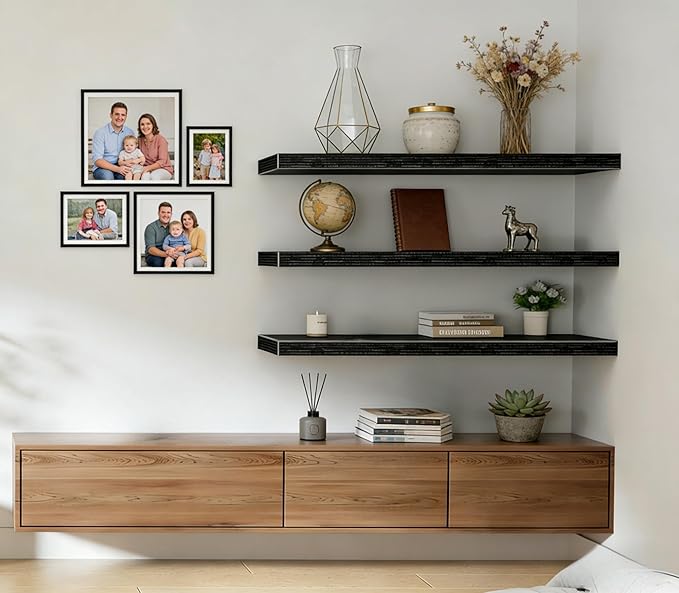 Vervida® Black Floating Shelves, 47.2 in W x 9.3 in D Wall Mounted Wood Shelves with Invisible Brackets Set of 3, Hanging Wall Shelves Decoration for Bedroom, Bathroom, Living Room and Kitchen