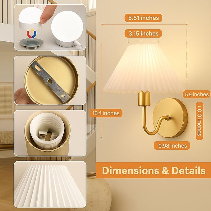 Cordless Wall Sconces Set of 2 with Remote — Gold Pleated Shades Cordless Rechargeable E26 Bulbs, 12 RGB Colors + 3000K/4000K/6000K, Dimmable Wall Mounted Lamps for Bedroom Living Room Hallway