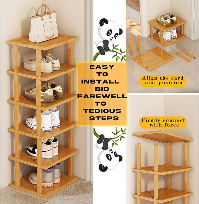 SAN HE Bamboo Shoe Rack 17 Tier- Vertical Shoe Rack for Small Spaces, Tall Narrow Shoe Rack Organizer for Closet Entryway Corner Garage and Bedroom,Skinny Shoe Shelf with Free Stackable DIY