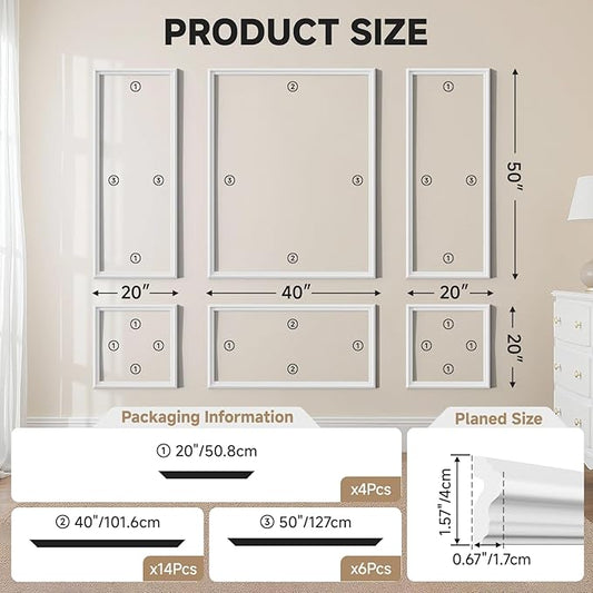 TONGMO 6-Frame Premade Accent Wall Molding Kit, Ready-to-Assemble Wainscoting Panels, Pre-Cut Chair Rail Moulding Trim for Home Décor (6-Frame Style 1)