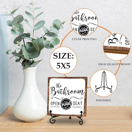 Funny Bathroom Signs Decor, Toilet Wooden Sign With Stand, The Bathroom Open 24 Hours Please Seat Yourself Sign, Farmhouse Restroom Quote Sign For Toilet Restroom Washroom Lavatory Home Decor Gifts