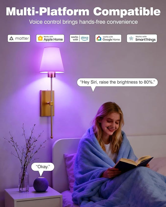Battery Operated Wall Sconce Set of Two - Wireless Smart Wall Lamp, Matter Over Thread Protocol Enabled, Works with Apple/Alexa/Samsung/Google, 66 Hours Long Runtime