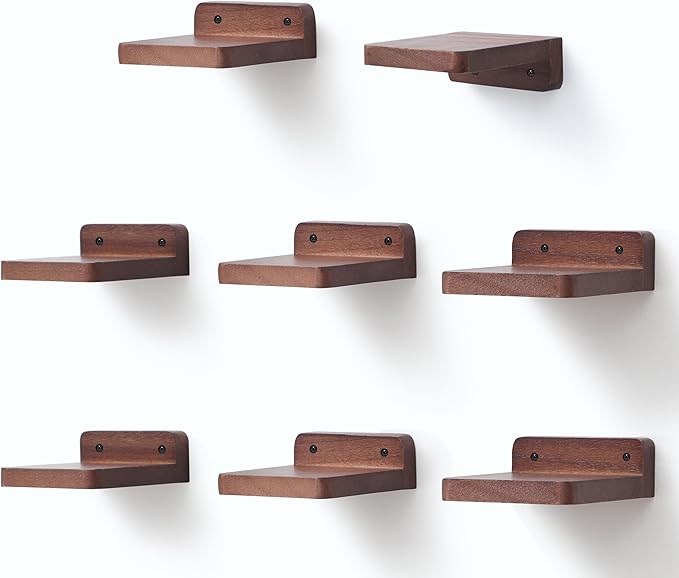 Small Floating Shelf, 4x4 Inch Display Ledges for Wall,Mini Shelves,Rustic Wood Shelf for Bedroom Living Room Bathroom Kitchen (8, Light Walnut)