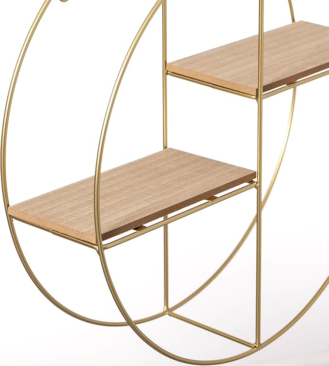 Vintiquewise Elegant 2-Tier Decorative Floating Circular Silhouette Wall Shelf - Circular Metal and Wood Wall-Mounted Shelf for Entryway, Bathroom, Bedroom, and Living Room Decor, Gold Finish