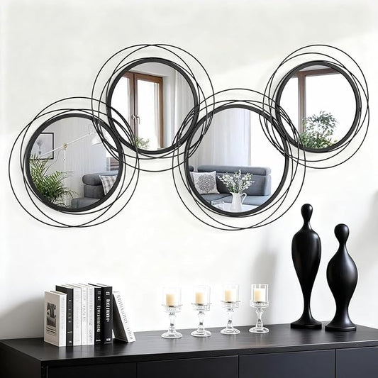Black Wall Mirror Set, Metal Framed Round Mirror 4 Pack Circle Modern Decorative Mirrors for Living Room Bedroom Bathroom Entryway 20x40 Inch Home Decor