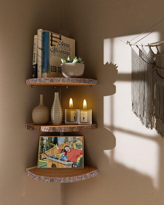 ShineZoom Corner Floating Shelves(3Pcs Wood Corner Shelf Rustic Corner Shelves Wall Corner Shelf for Decor/Storage/Kitchen/Bedroom/Office/Living Room