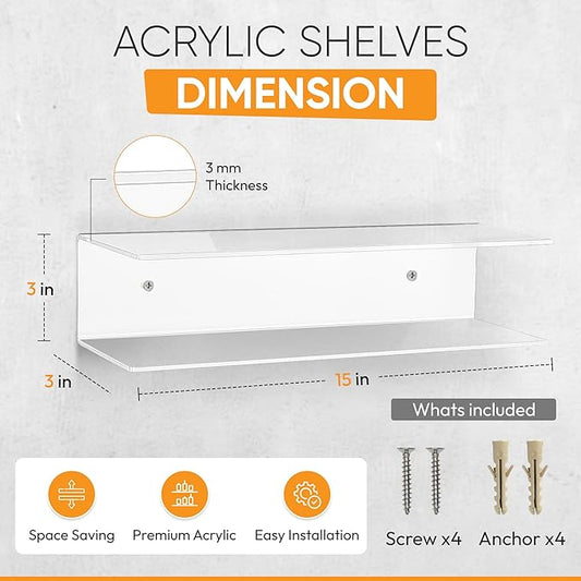 Clear Acrylic Floating Shelves - 2 Tier Wall Mounted Bathroom Organizer Set of 2 (15") - Space Saving Display Shelf for Makeup, Skincare, Kitchen Spices, & Home Decor