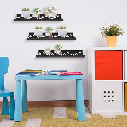 Wenqik 3 Pcs Snow Mountain Floating Shelves Wood Nursery Book Shelves Wall Mounted Rustic Floating Ledge for Kids Room(Dark Grey)